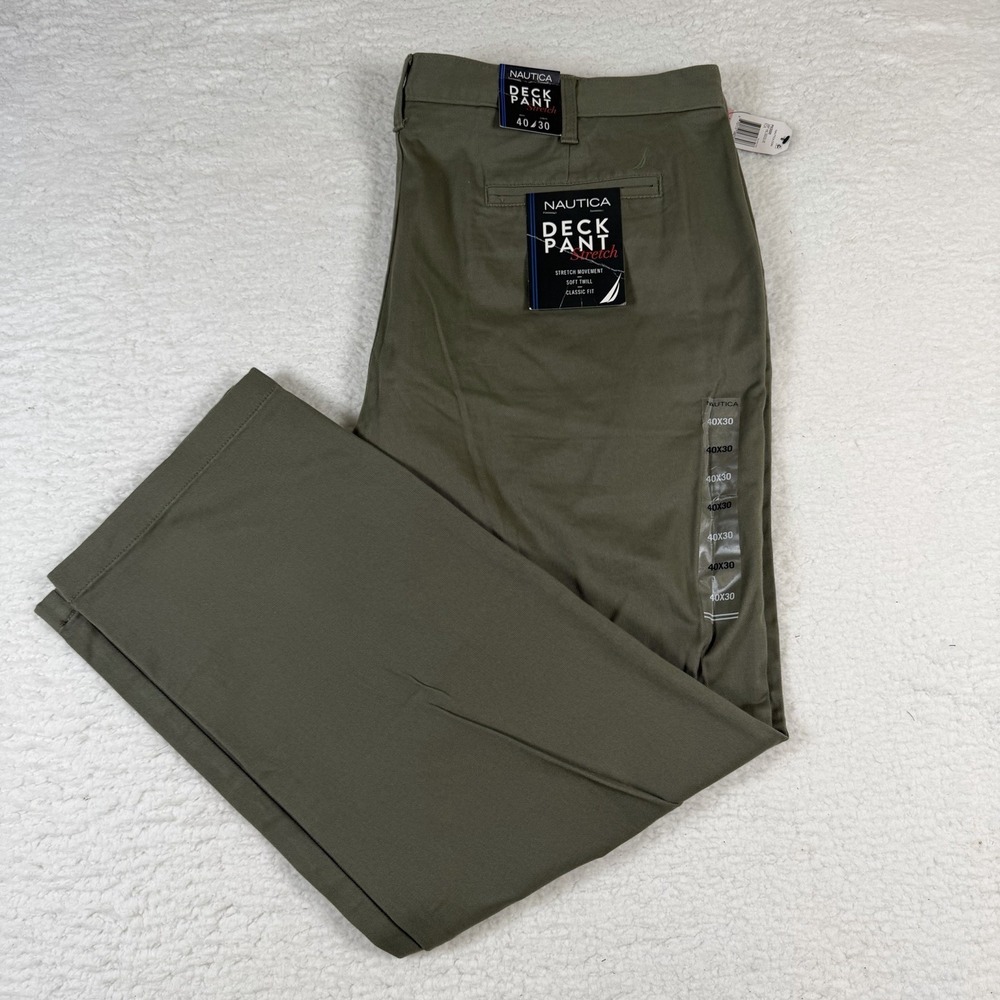 Nautica Deck Pants Mens 40x30 Olive Green Classic Fit Stretch Chino NWT
